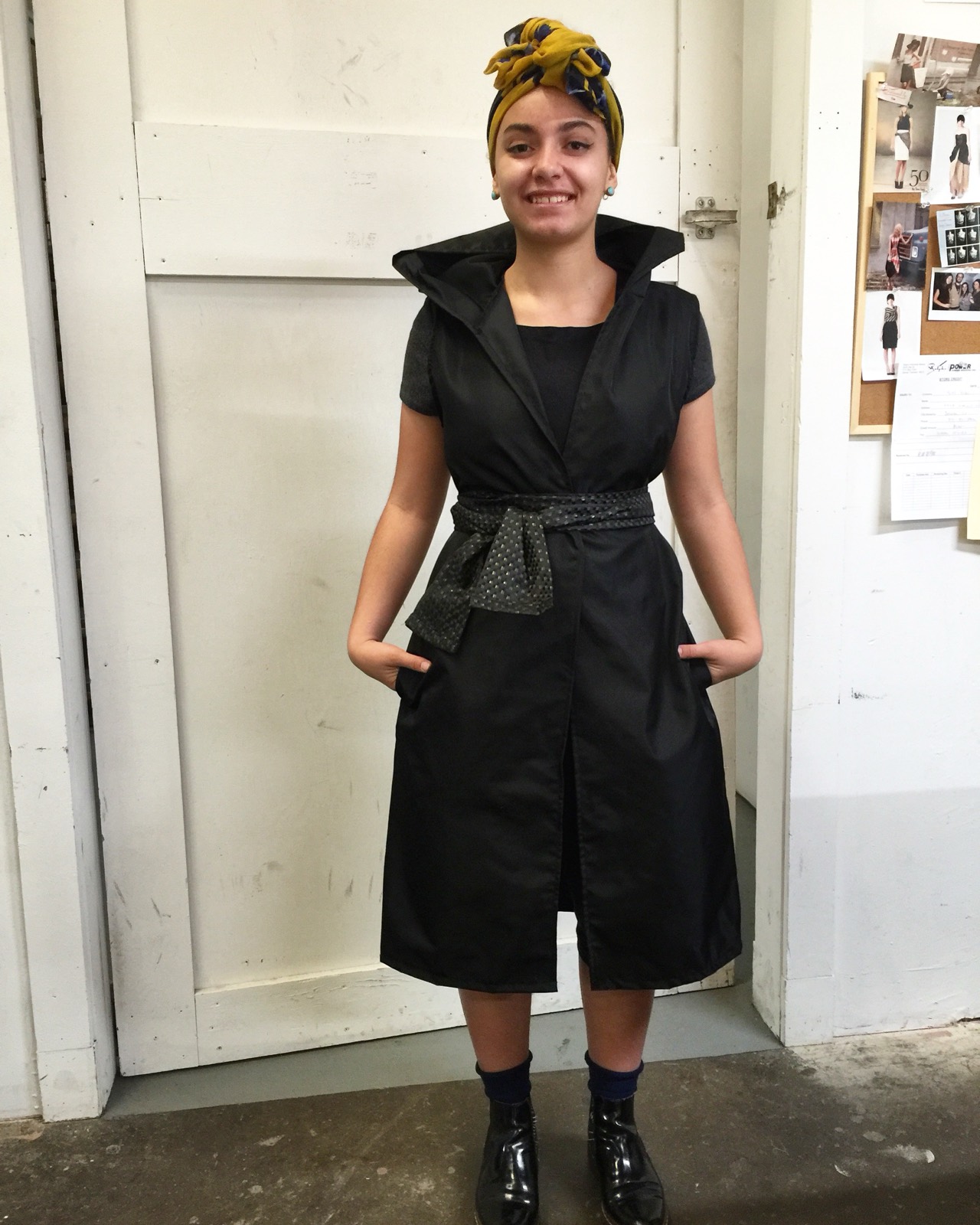 Hooded tunic coat with pockets made in a sewing lesson